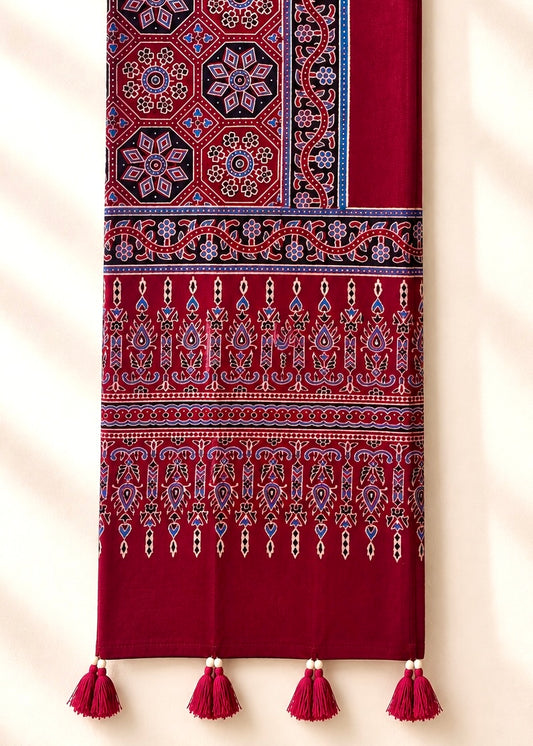 Raahi🌻Ajrakh Cotton Stoles ~ Deep red w/ geometrical motifs
