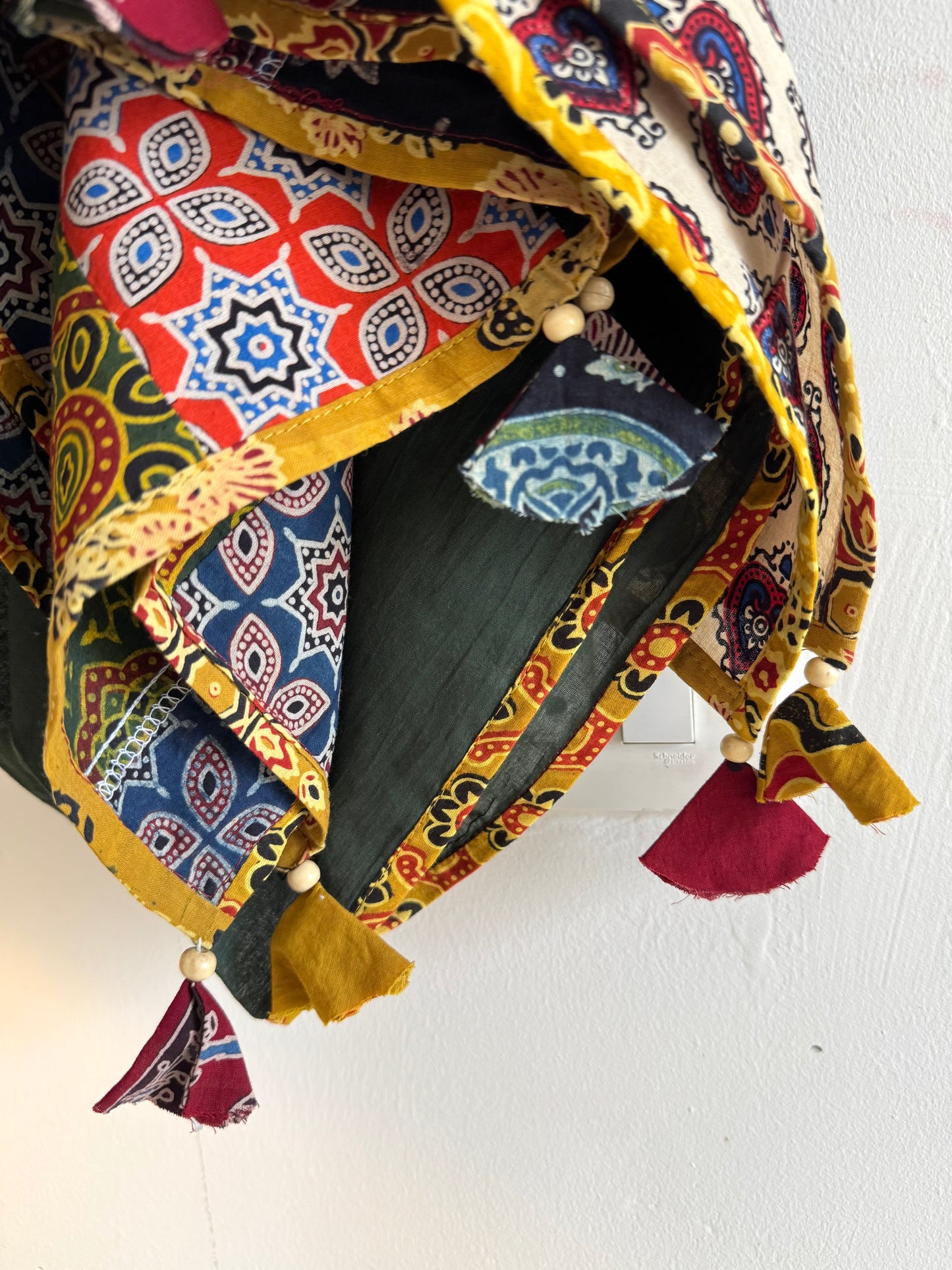 𓂃ོ⋆☀︎𓂃ᨒོ Ajrakh, Applique & Kantha Embroidered Dupatta ~ Olive Green w/ Yellow Flowers 𑁍ࠬ