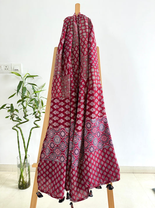 Ajrakh Applique & Kantha Embroidered Dupatta ~ Red Chequered