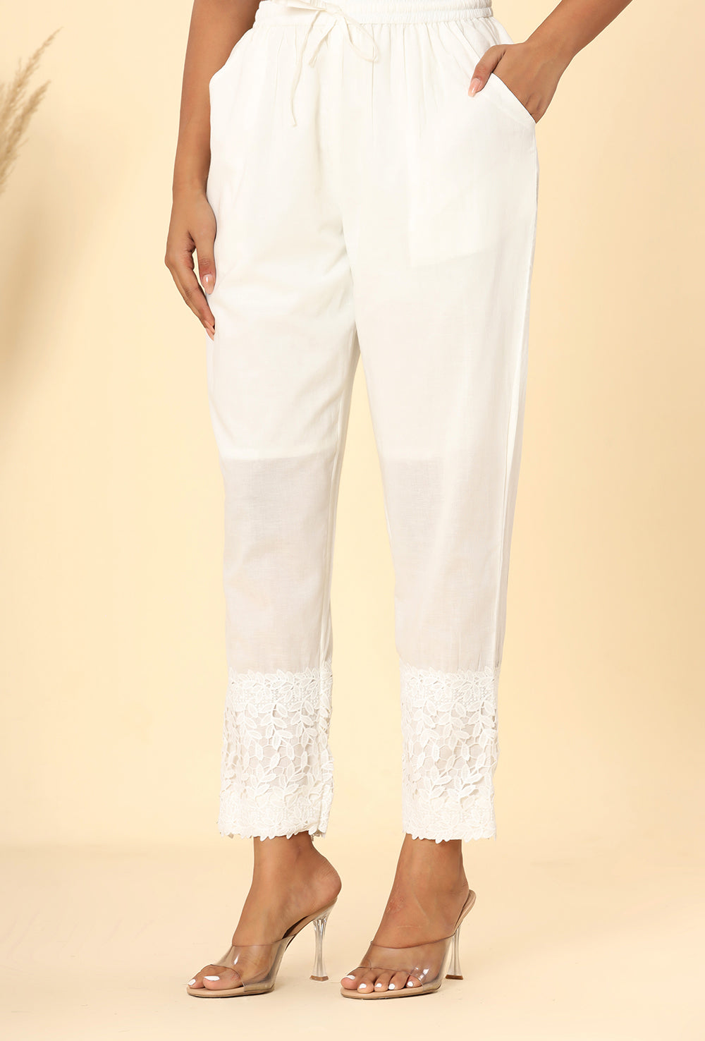 Ivory White ~ Flower Lace Cut Pant