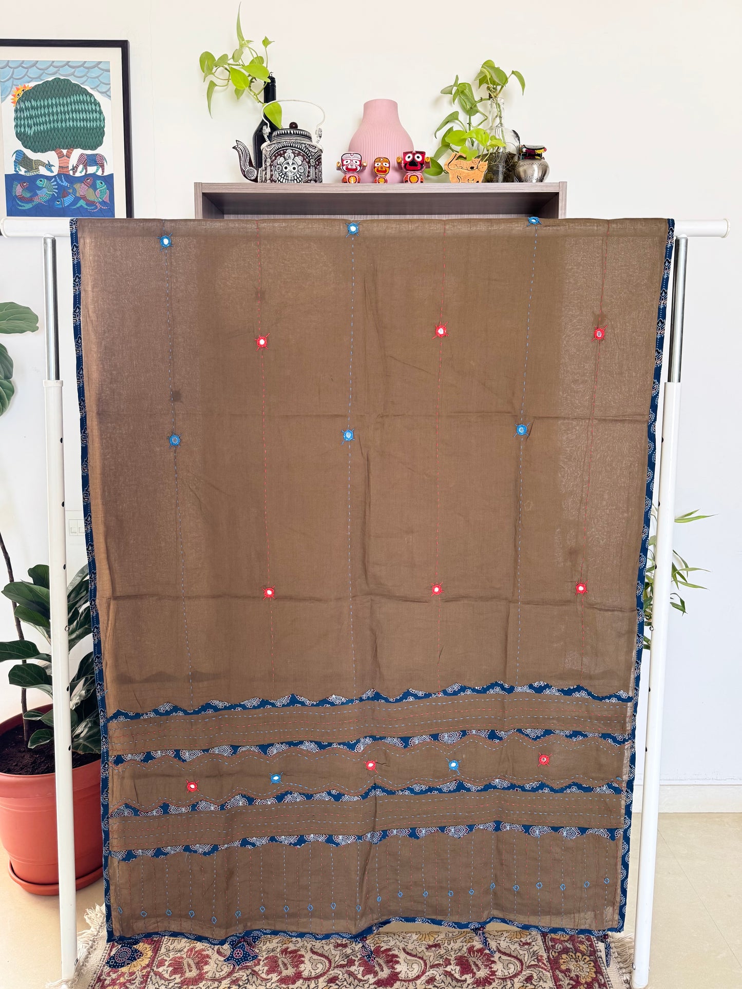 Ajrakh Applique & Kantha Embroidered Dupatta ~ Coco with Blue Patchwork