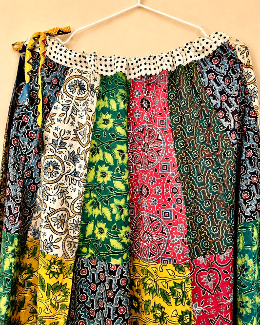 🌻Navrang ~ Ajrakh Skirt ~ Multicolor Chequered w/ white polka border