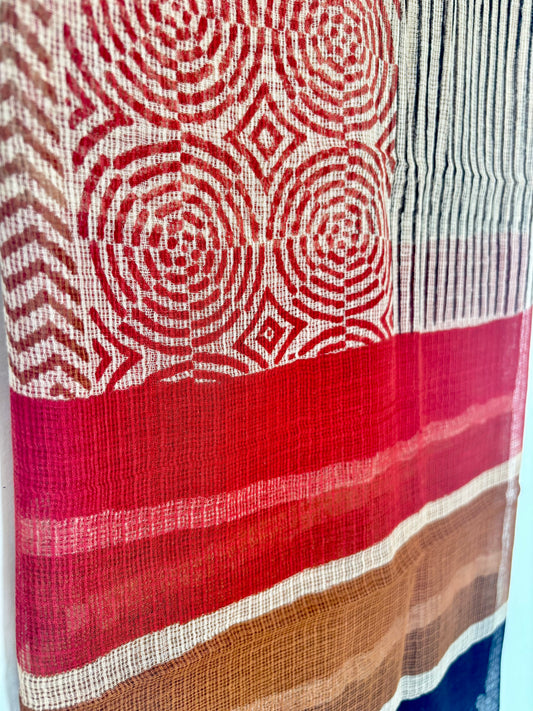 Kota Doria Bagru Handblock Dupatta ~ Beige w/ Red circles