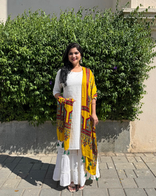 Rangrez🔅Modal Silk Ajrakh Stoles ~ Yellow with Palm Tree Motifs