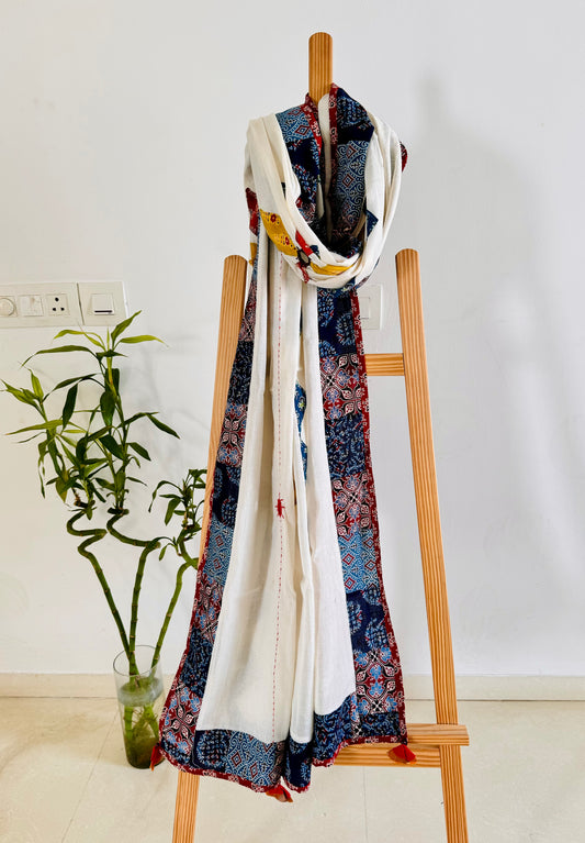 Ajrakh Applique & Kantha Embroidered Dupatta ~ White with Mustard Yellow & Orange Flowers