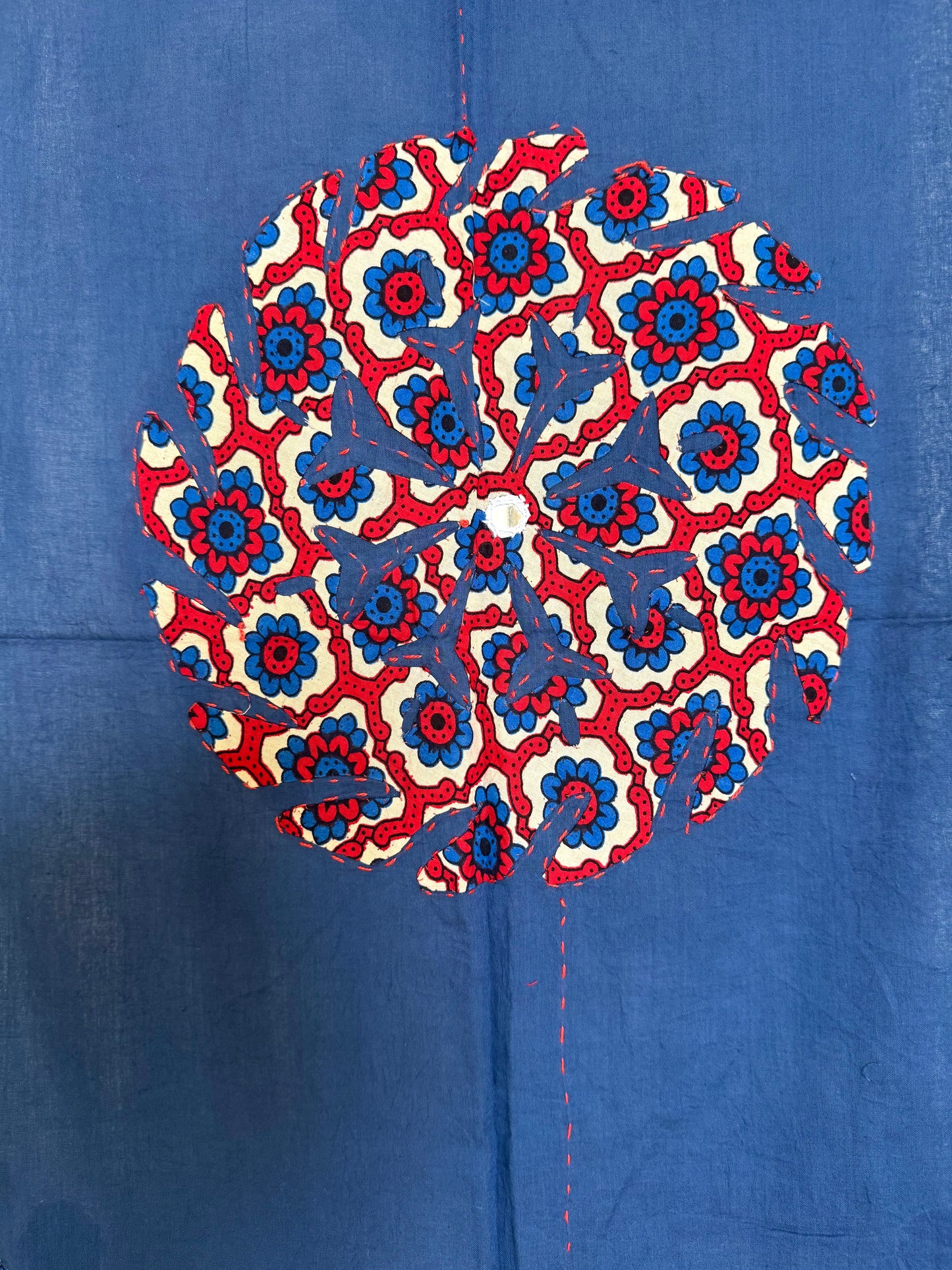 Ajrakh Applique & Kantha Embroidered Dupatta ~ Navy Blue with Multicolor Flowers