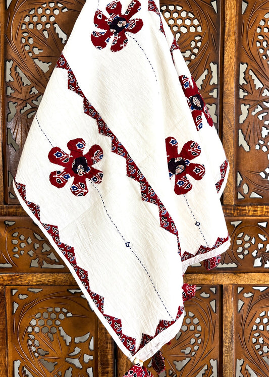 Ajrakh Applique & Kantha Embroidered ~ Surkh Phool Dupatta