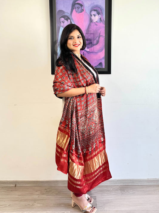 Modal Silk Ajrakh Dupatta ~ Brick Red Jharokha Motif w/ Zari