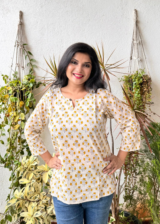 Morning Glory ~ Yellow and White Handblock Kurti