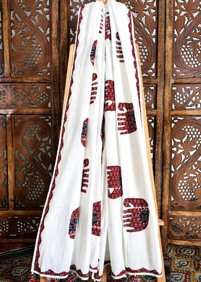 Ajrakh Applique & Kantha Embroidered ~ Red Hastika Dupatta