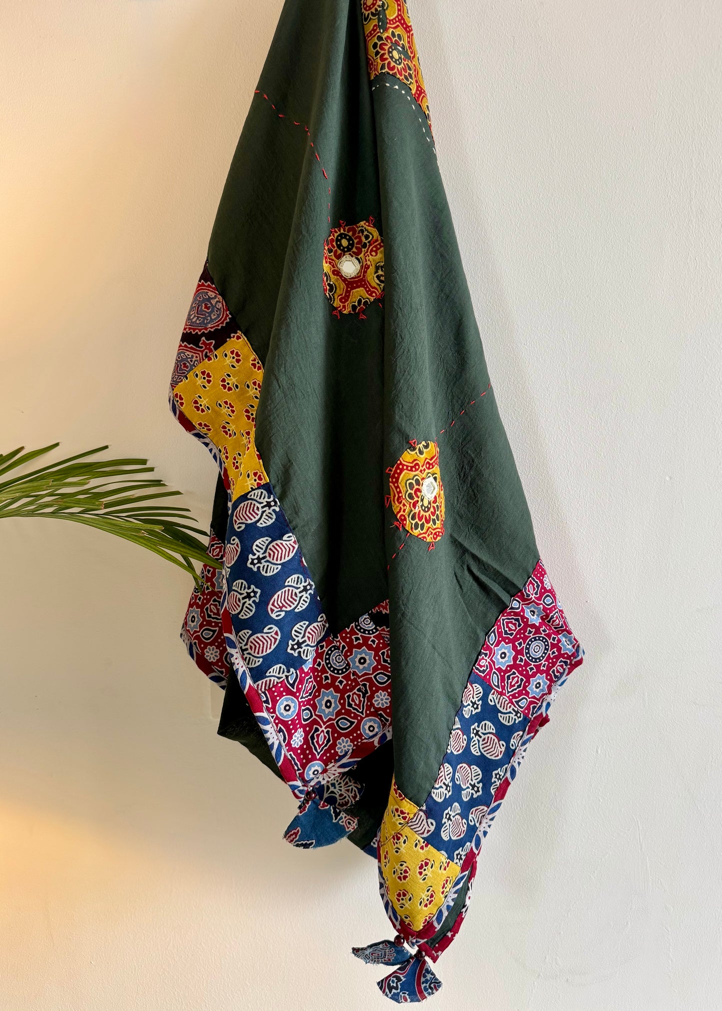 𓂃ོ⋆☀︎𓂃ᨒོ Ajrakh, Applique & Kantha Embroidered Dupatta ~ Olive Green & Yellow 𑁍ࠬ