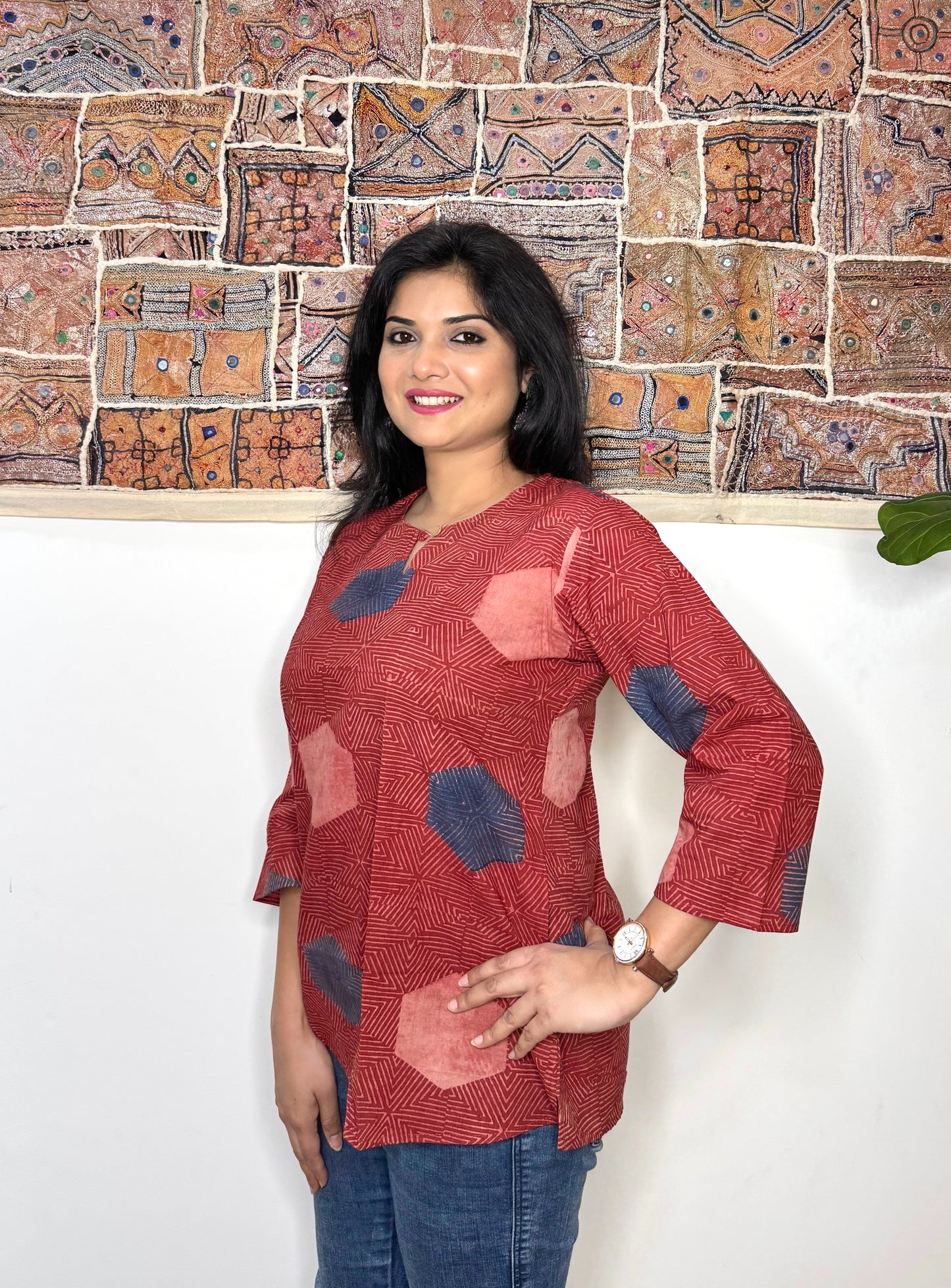 Honeycomb ~ Brick Red Ajrakh Handblock Kurti