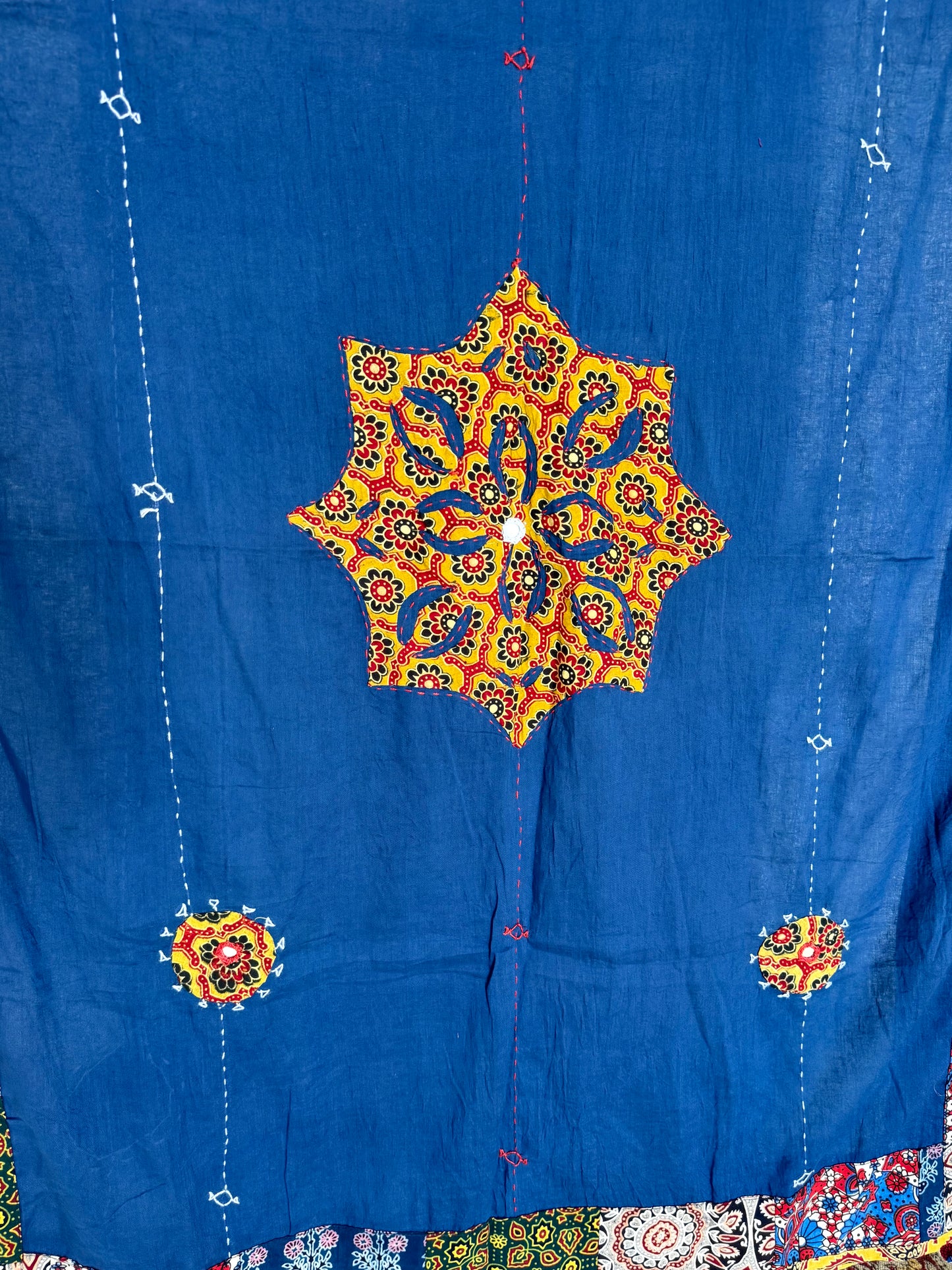 Ajrakh Applique & Kantha Embroidered Dupatta ~ Navy Blue with Mustard Flowers