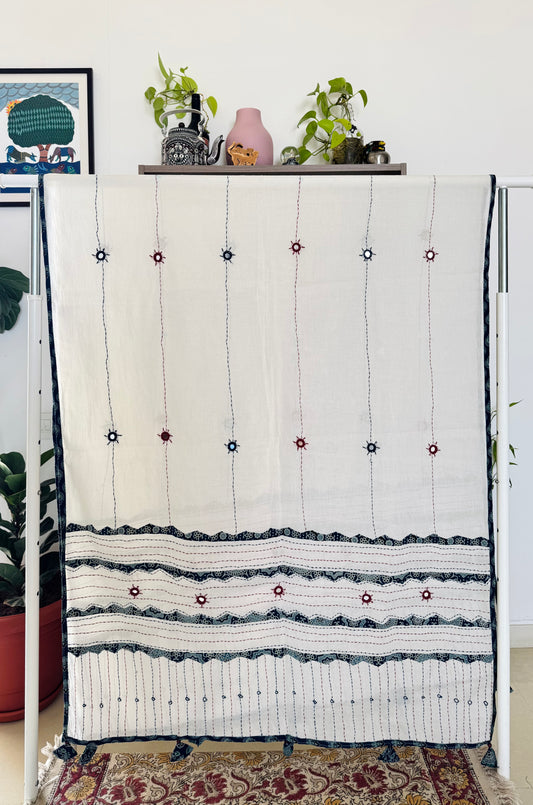 Ajrakh Applique & Kantha Embroidered Dupatta ~ White with Blue Patchwork
