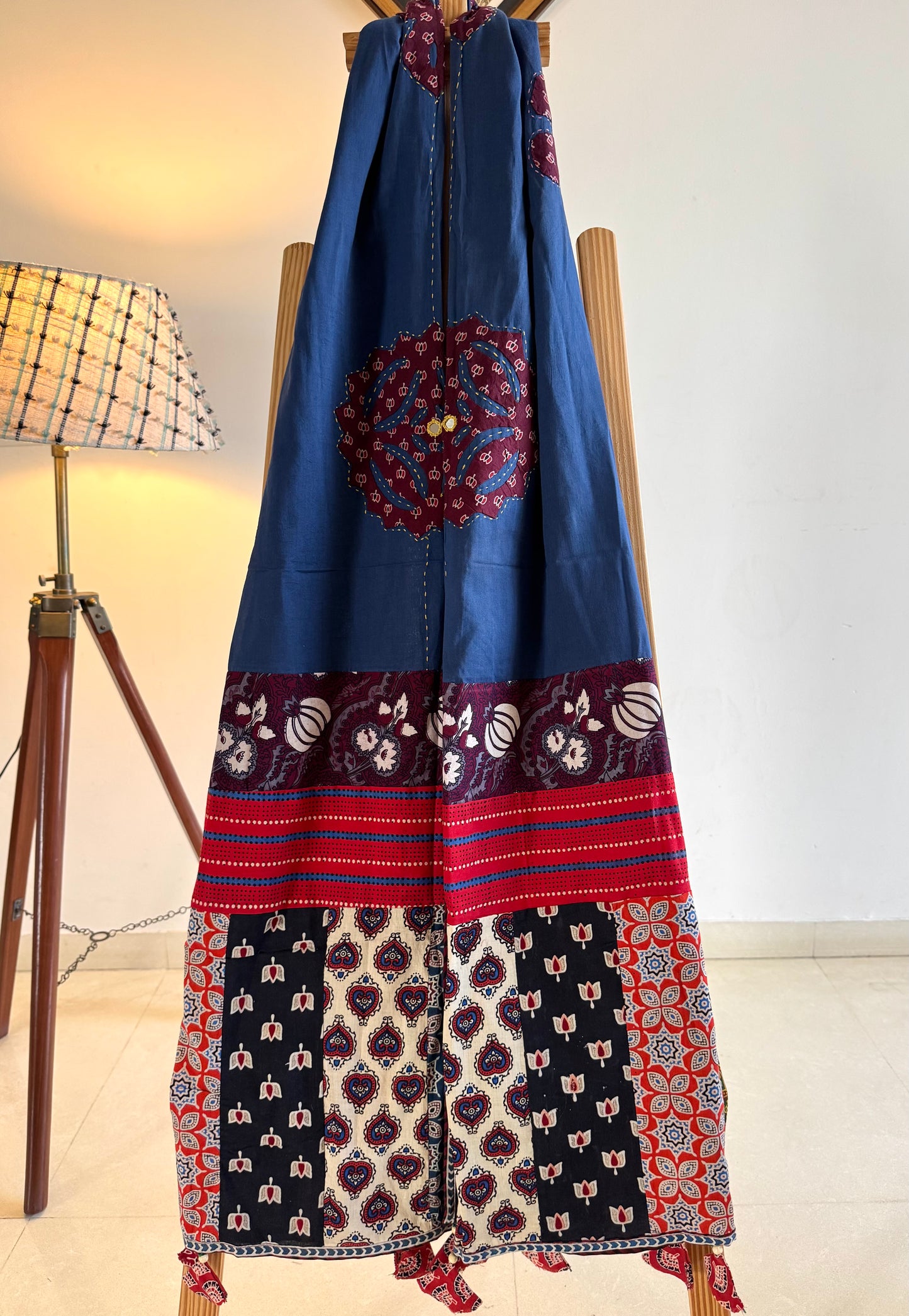 Ajrakh Applique & Kantha Embroidered Dupatta ~ Navy Blue with Burgundy Flowers