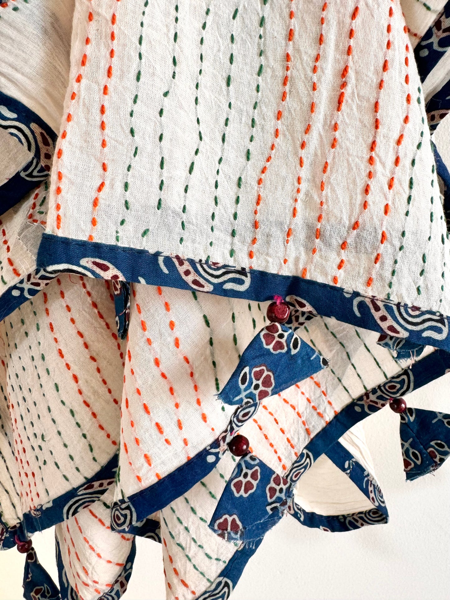 Ajrakh Applique & Kantha Embroidered Dupatta ~ White with Multicolor Patchwork
