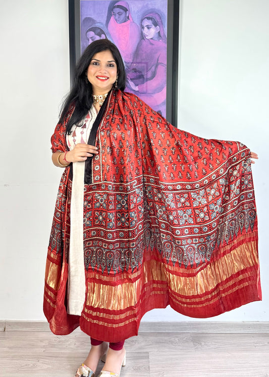 Modal Silk Ajrakh Dupatta ~ Brick Red Tulip Motif w/ Zari