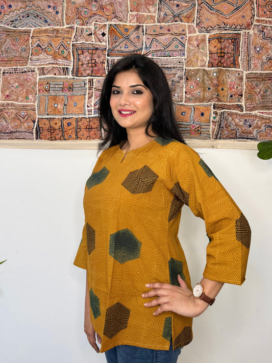 Honeycomb ~ Mustard Yellow Ajrakh Handblock Kurti