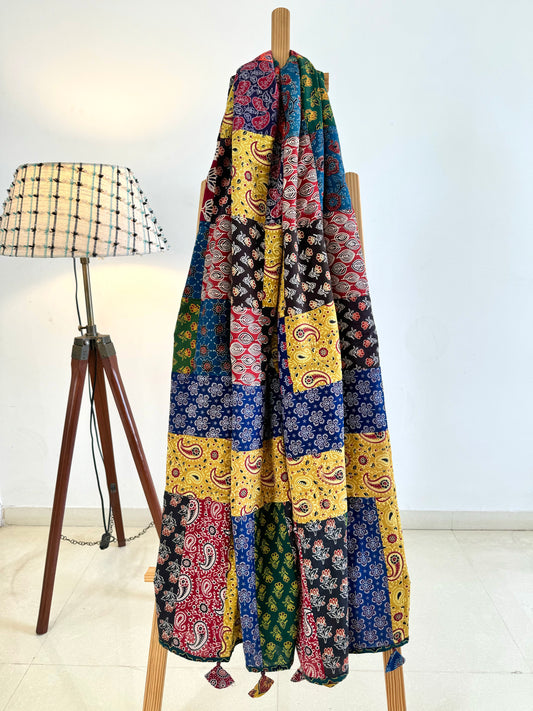 Ajrakh Applique & Kantha Embroidered Dupatta ~ Multicolored Chequered