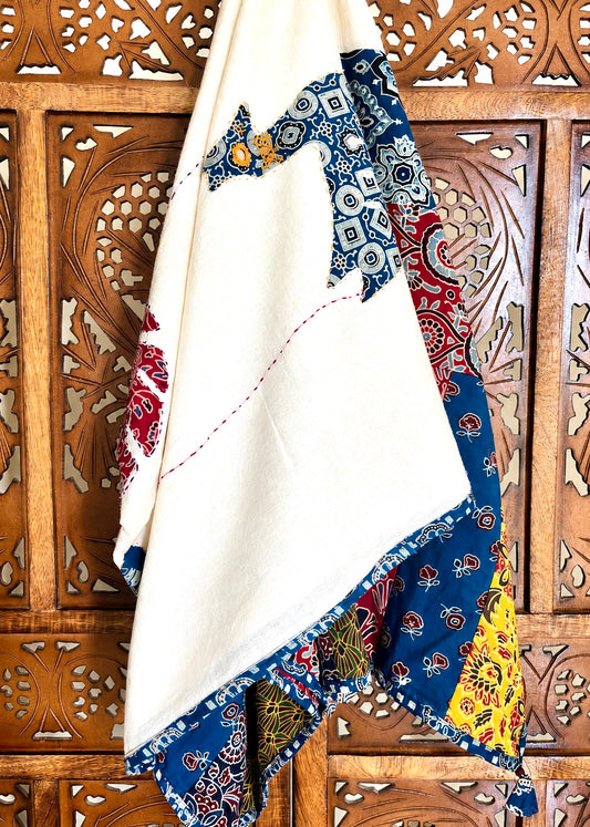 Ajrakh Applique & Kantha Embroidered ~ Mor Angan Dupatta - Navy Blue