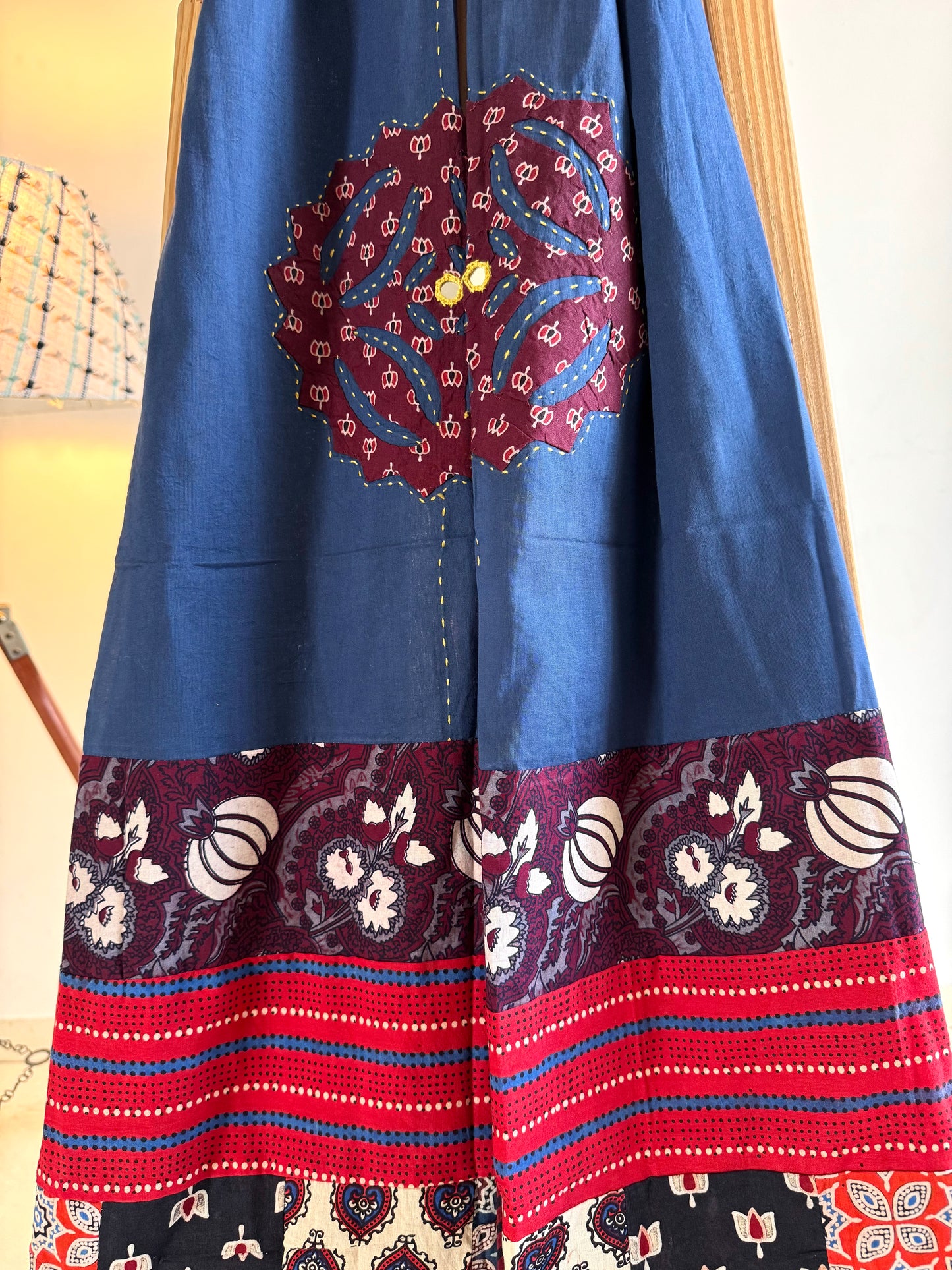 Ajrakh Applique & Kantha Embroidered Dupatta ~ Navy Blue with Burgundy Flowers