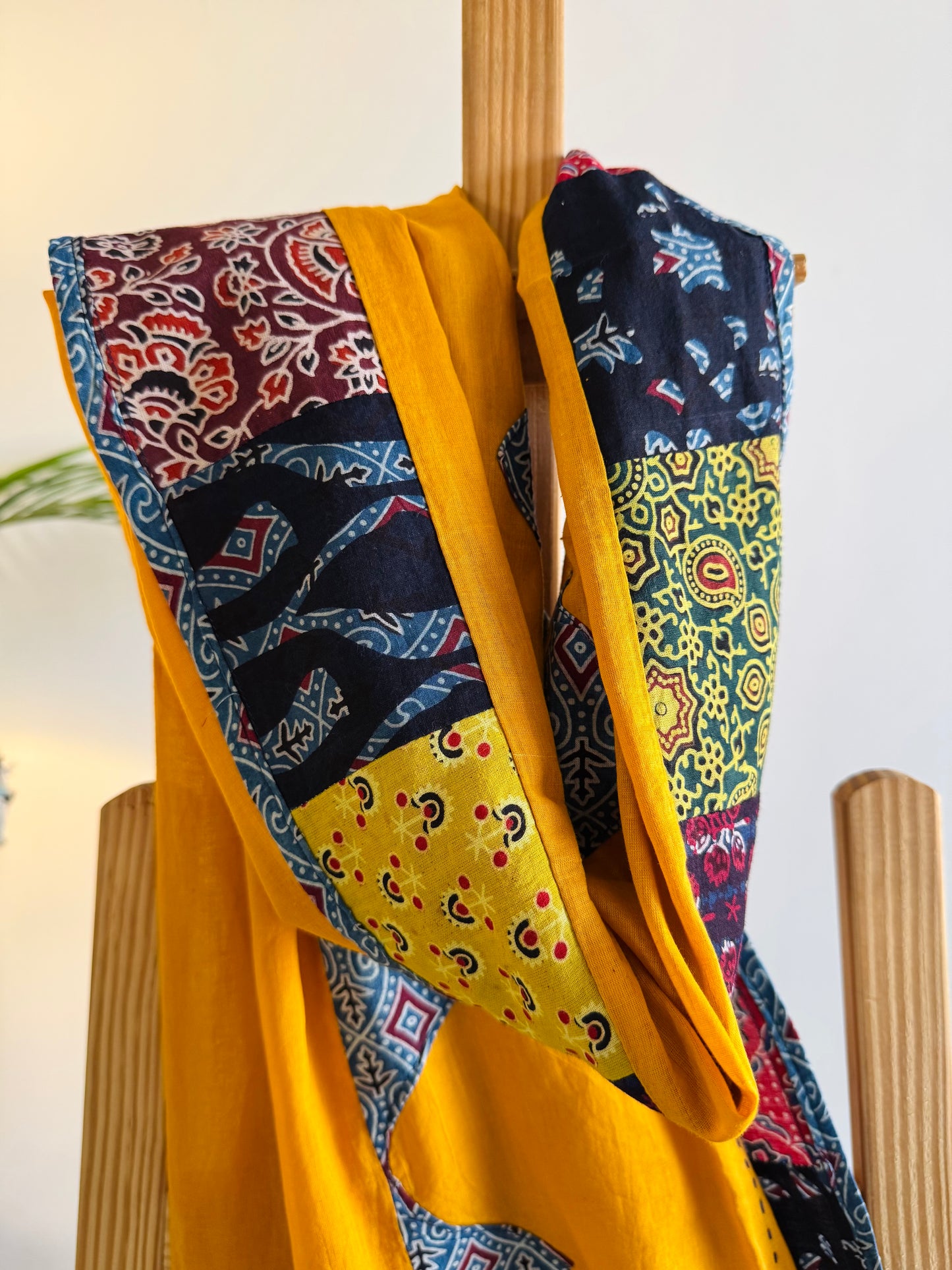 Ajrakh Applique & Kantha Embroidered Dupatta ~ Mustard Yellow with Flowers