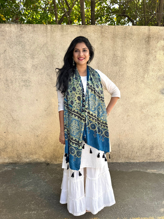 Rangrez🔅Modal Silk Ajrakh Stoles ~ Indigo & Green Grunge Motifs