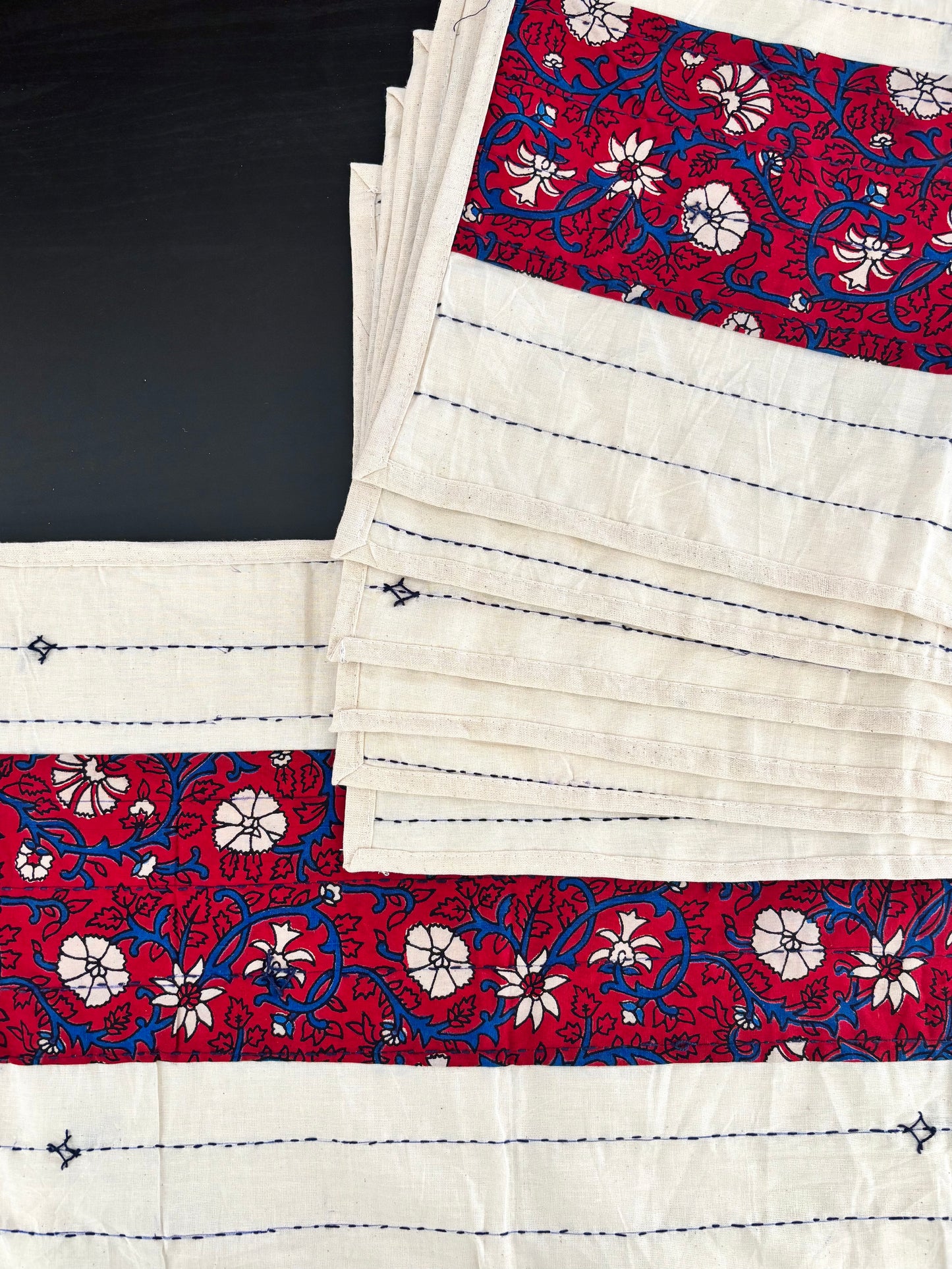 White & Red ~ Ajrakh & Kantha Table Runner w/ Mats