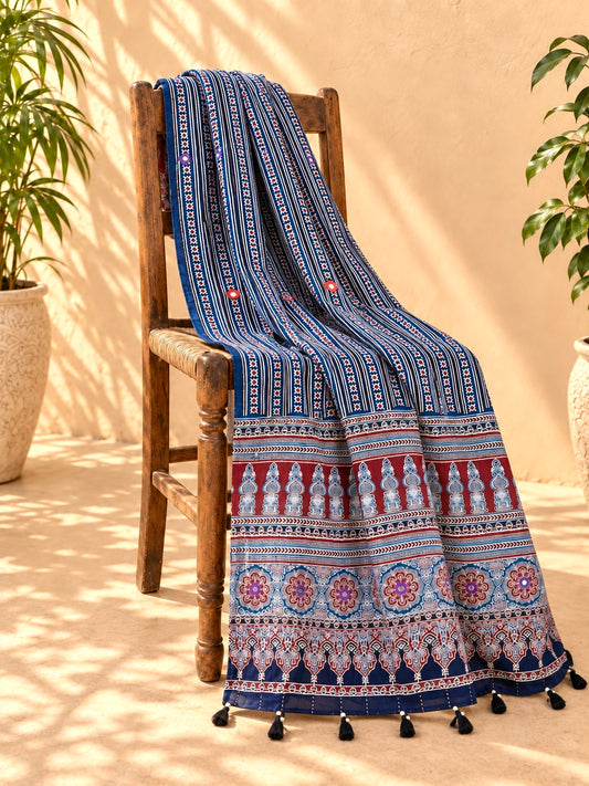 Rangrez🔅Ajrakh Mulmul Dupattas with Embroidery ~ Indigo Leher