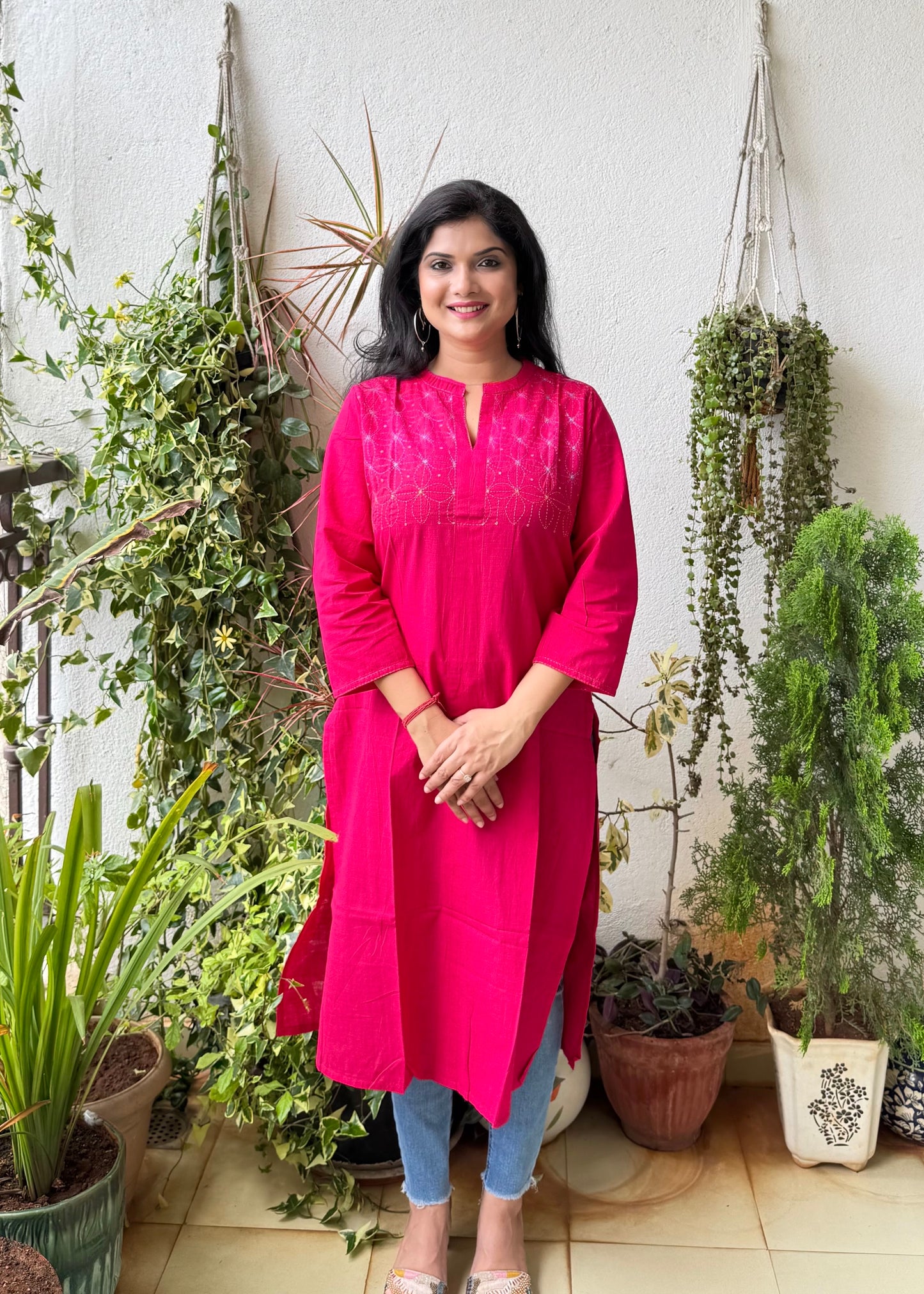 Masakali ~ Cotton Embroidered Kurti, Flamingo Pink🦩