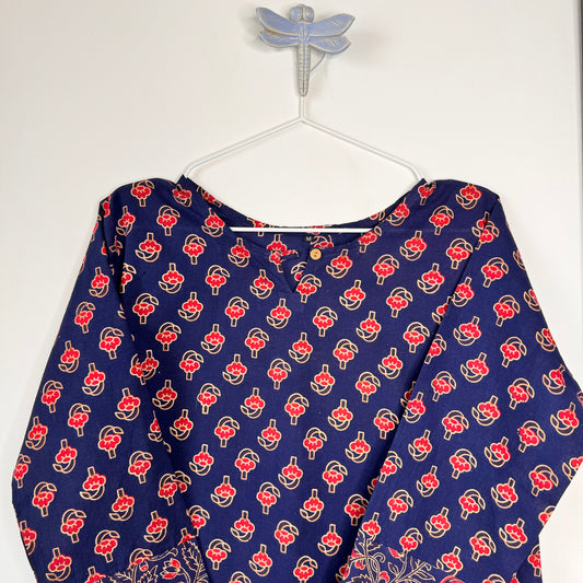 Midnight Tulips - Blue Handblock Kurti