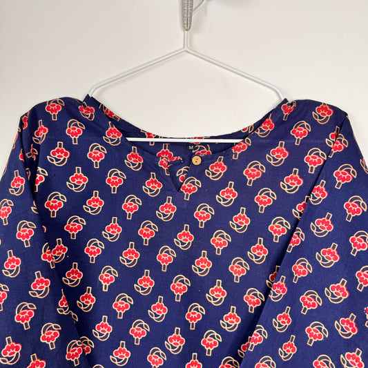 Midnight Tulips - Blue Handblock Kurti