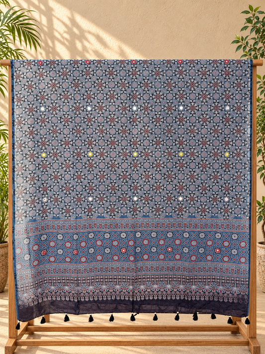 Rangrez🔅Ajrakh Mulmul Dupattas with Embroidery ~ Indigo Flowers