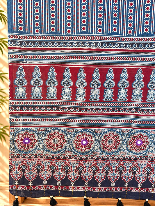 Rangrez🔅Ajrakh Mulmul Dupattas with Embroidery ~ Indigo Leher