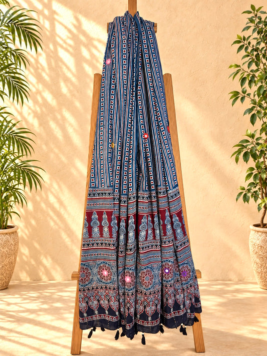 Rangrez🔅Ajrakh Mulmul Dupattas with Embroidery ~ Indigo Leher