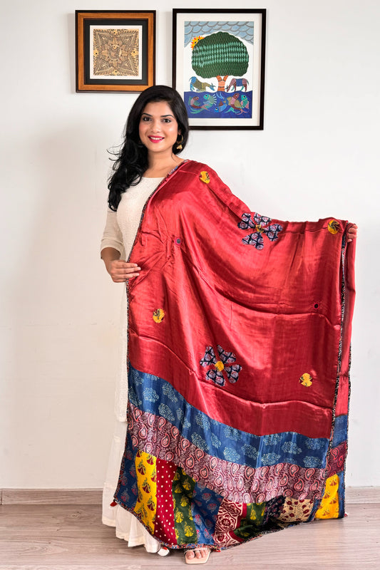 Modal Silk Ajrakh Applique Dupatta ~ Brick Red