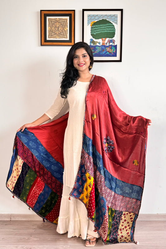 Modal Silk Ajrakh Applique Dupatta ~ Brick Red