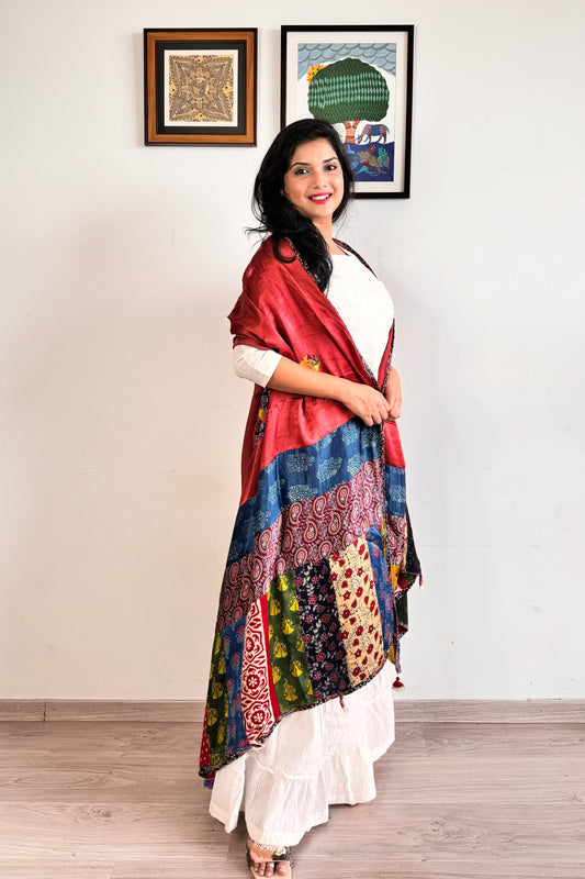 Modal Silk Ajrakh Applique Dupatta ~ Brick Red