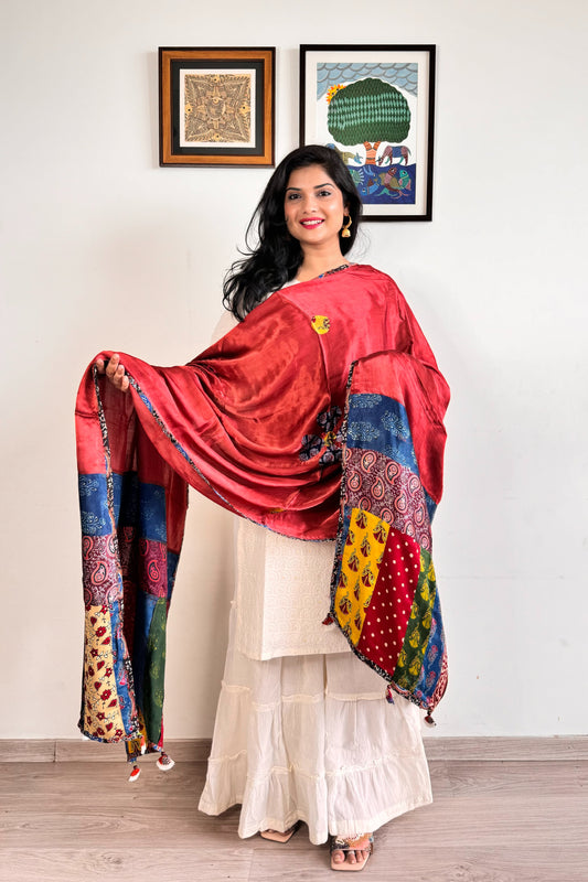 Modal Silk Ajrakh Applique Dupatta ~ Brick Red
