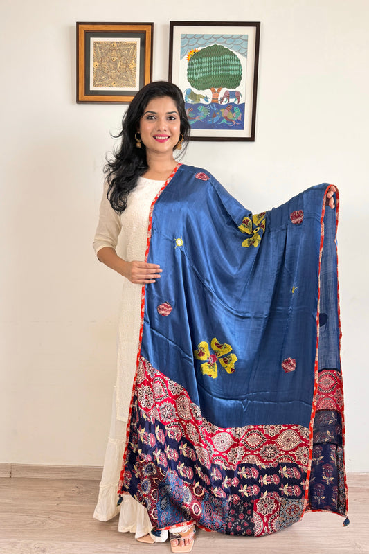 Modal Silk Ajrakh Applique Dupatta ~ Midnight Blue