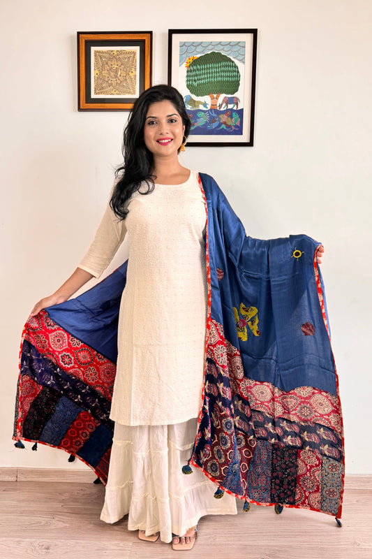 Modal Silk Ajrakh Applique Dupatta ~ Midnight Blue
