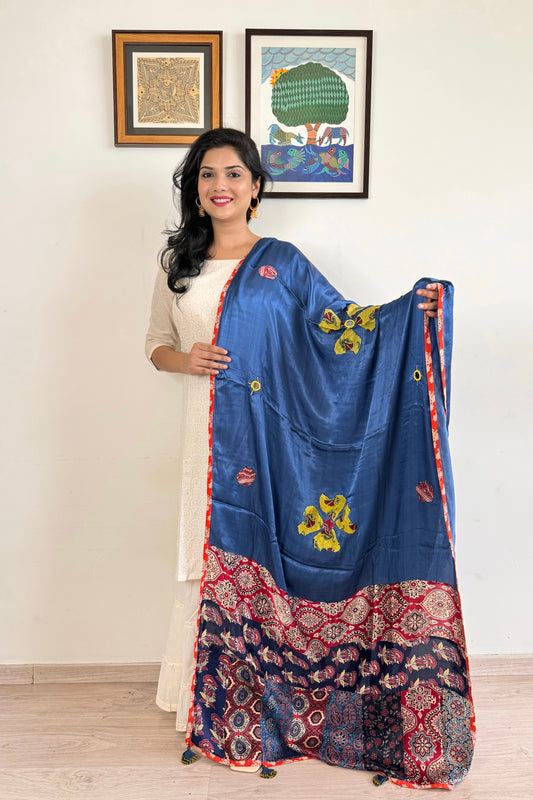 Modal Silk Ajrakh Applique Dupatta ~ Midnight Blue
