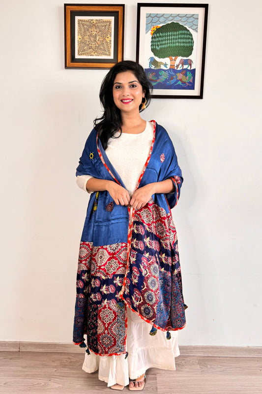 Modal Silk Ajrakh Applique Dupatta ~ Midnight Blue