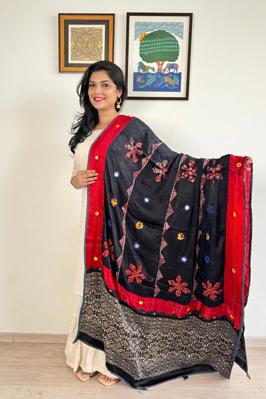 Modal Silk Ajrakh Applique Dupatta ~ Black & Red
