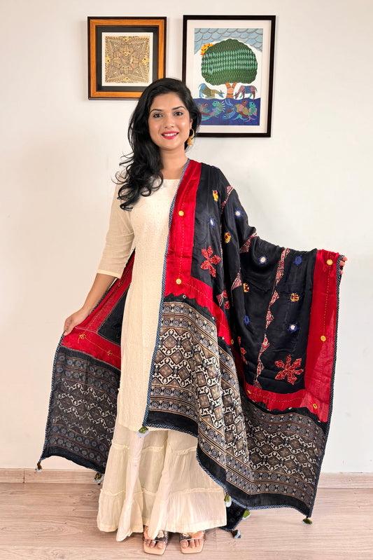 Modal Silk Ajrakh Applique Dupatta ~ Black & Red