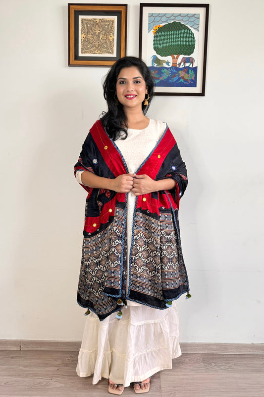 Modal Silk Ajrakh Applique Dupatta ~ Black & Red