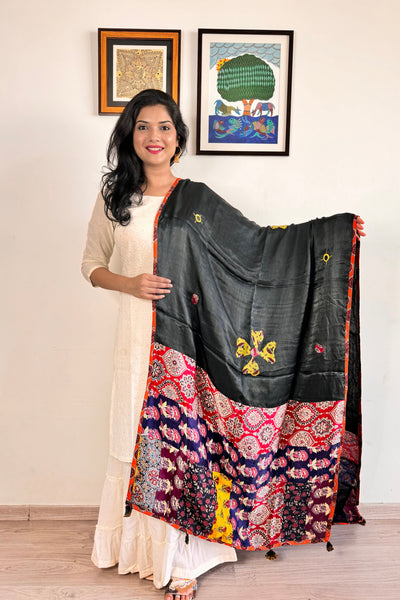 Modal Silk Ajrakh Applique Dupatta ~ Black & Maroon