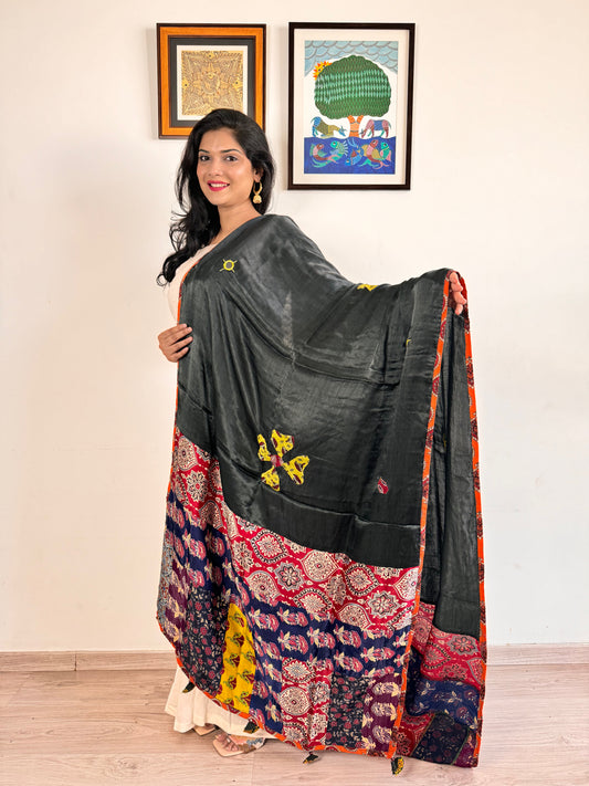 Modal Silk Ajrakh Applique Dupatta ~ Black & Maroon