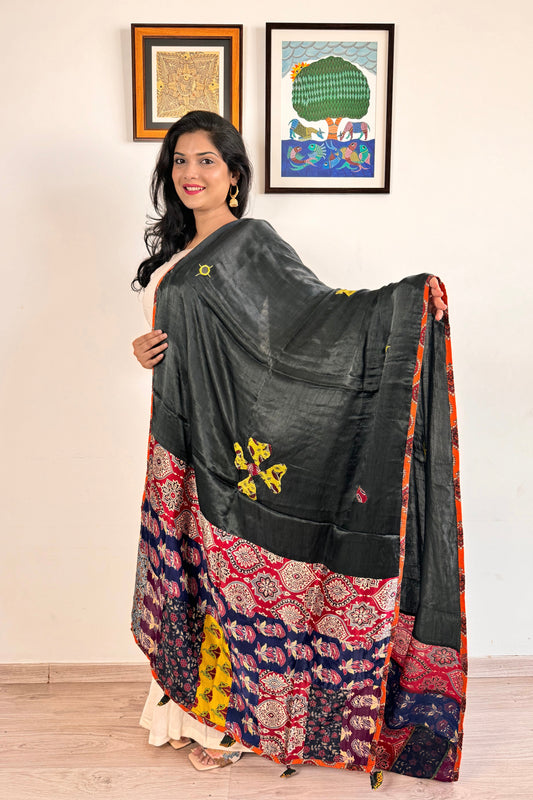 Modal Silk Ajrakh Applique Dupatta ~ Black & Maroon