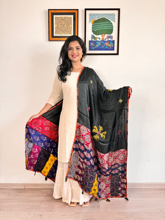 Modal Silk Ajrakh Applique Dupatta ~ Black & Maroon